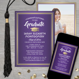 Invitación 1 Foto Elegante Oro Púrpura y Graduación Blanca