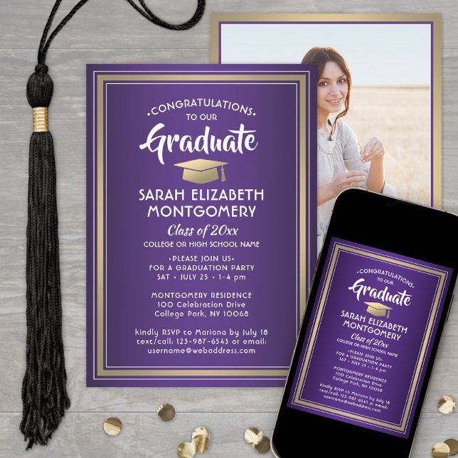 Invitación 1 Foto Elegante Oro Púrpura y Graduación Blanca (Subido por el creador)