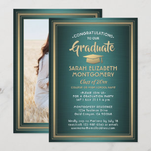Invitación 1 Foto Elegante Oro Verde y Graduación Blanca