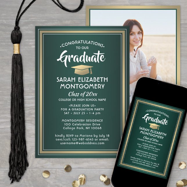 Invitación 1 Foto Elegante Oro Verde y Graduación Blanca (Subido por el creador)