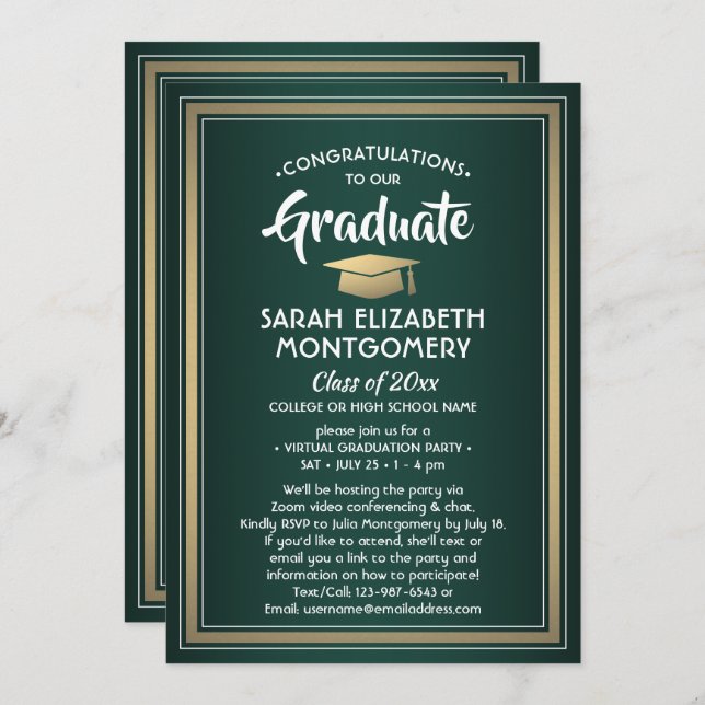 Invitación 1 Foto Fiesta de Graduación Virtual Verde Dorado B (Anverso / Reverso)