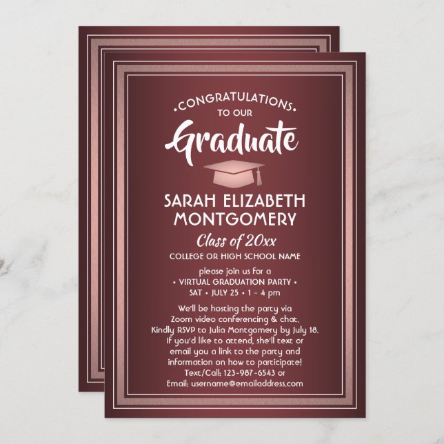 Invitación 1 Foto Graduación virtual Burgundy Rosa Gold (Anverso / Reverso)