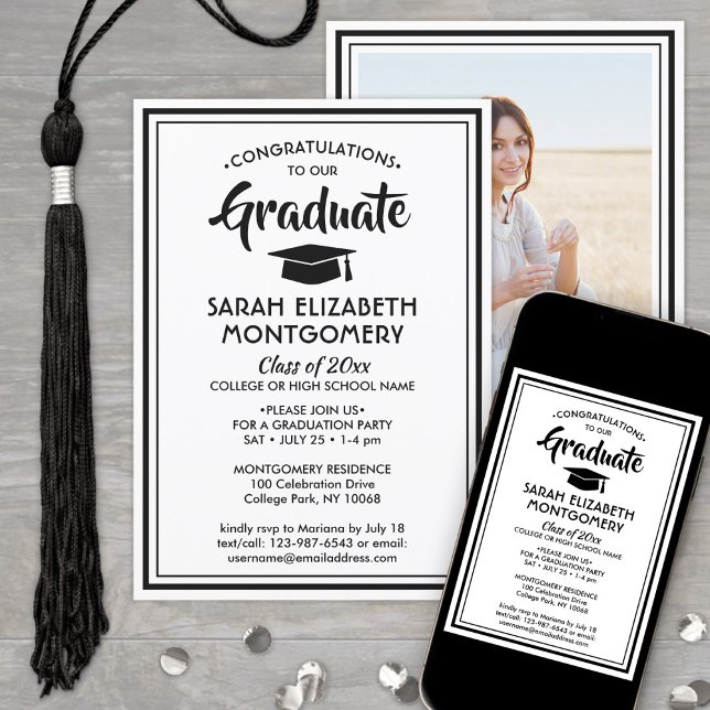 Invitación 1 Foto Sencilla graduación en blanco y negro (Subido por el creador)