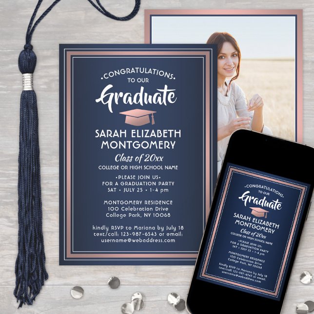 Invitación 1 Graduación azul y rosa de la marina elegante fot (Subido por el creador)