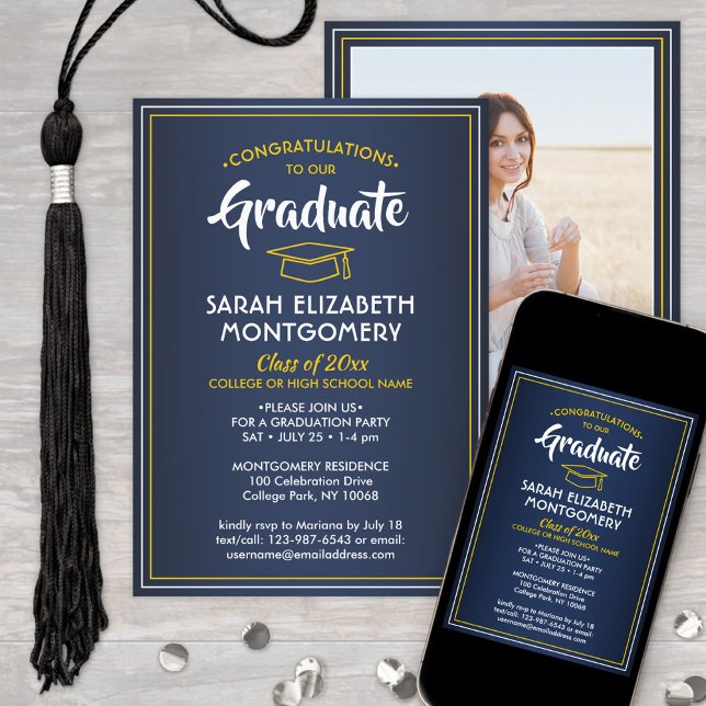Invitación 1 Graduación de amarillo dorado azul de la marina  (Subido por el creador)