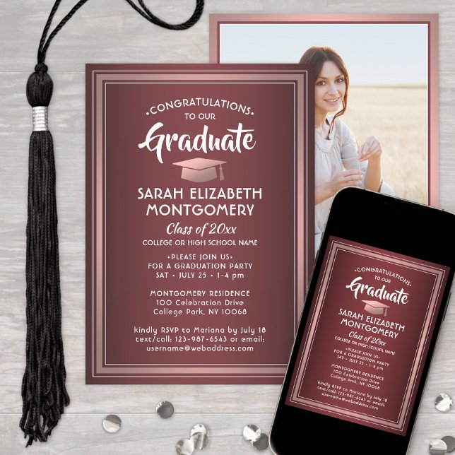 Invitación 1 Graduación de Borgoña y Ombre Rosa Elegante (Subido por el creador)