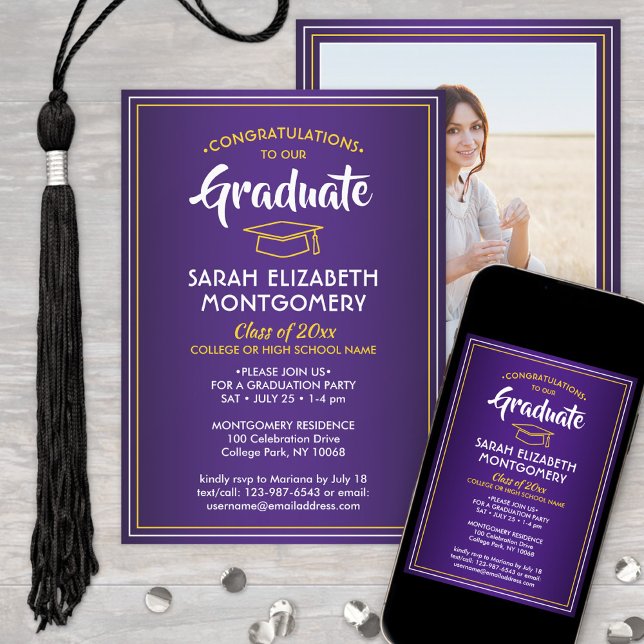 Invitación 1 Graduación Elegante de Oro Púrpura Amarillo (Subido por el creador)