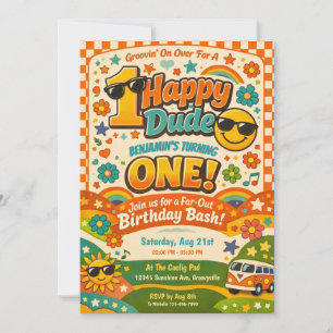 Invitación 1 Hapy Dude Retro Vintage Estilo 1er Cumpleaños