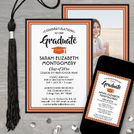 Invitación 1 Naranja elegante fotográfico Graduación en blanc