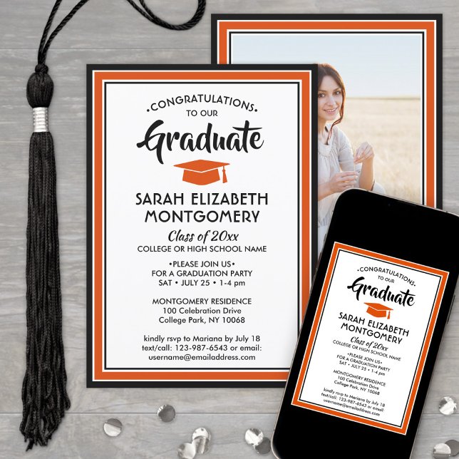 Invitación 1 Naranja elegante fotográfico Graduación en blanc (Subido por el creador)