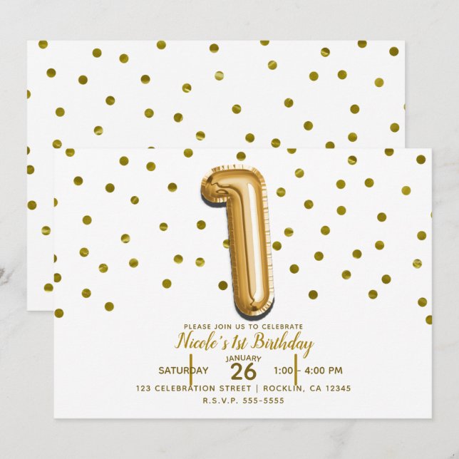 Invitación 1 Un Globo de Oro & Confeti Fiesta de Cumpleaños 1 (Anverso / Reverso)