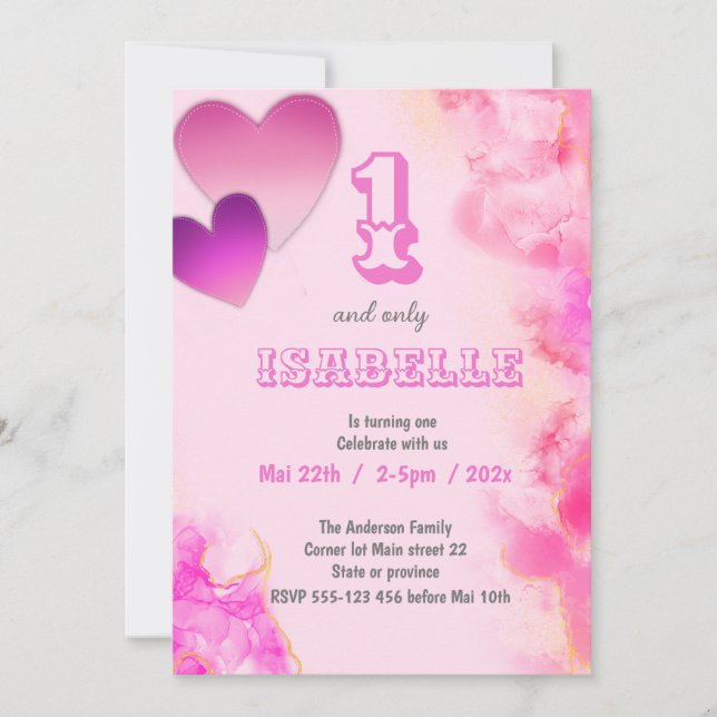 Invitación 1 y sólo corazones rosados y cumpleaños de tinta f (Anverso)