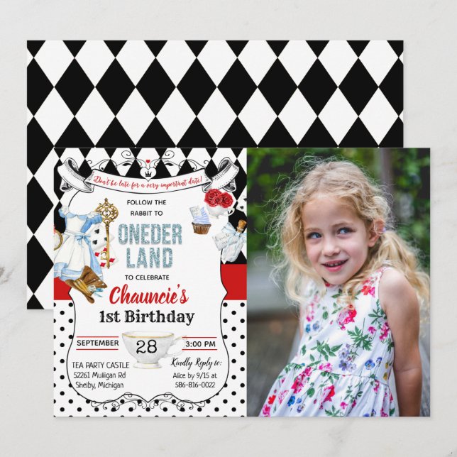 Invitación 1er Cumpleaños de Alice en el País de las Maravill (Anverso / Reverso)