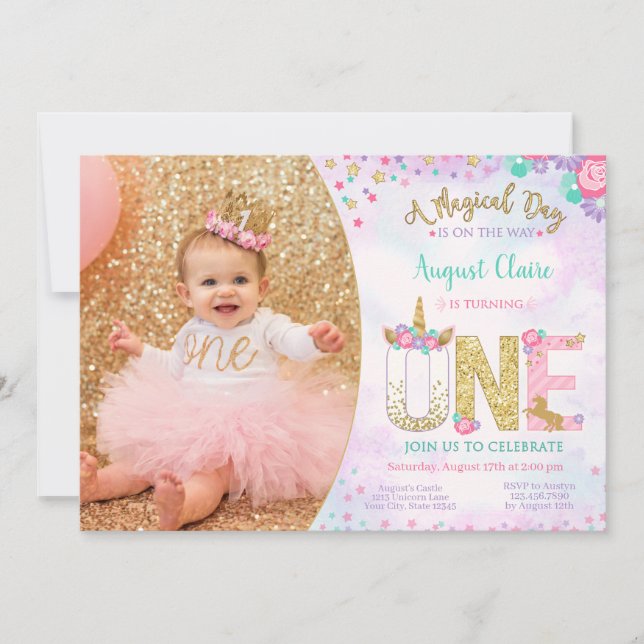 Invitación 1er cumpleaños de unicornio mágico floral (Anverso)