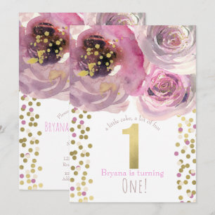 Invitación 1er cumpleaños Fiesta Rosa y Oro Floral Moderno