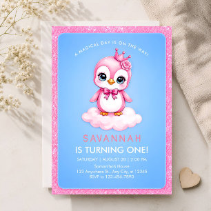 Invitación 1er Cumpleaños Niña Pingüino Princesa
