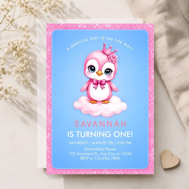 Invitación 1er Cumpleaños Niña Pingüino Princesa (Subido por el creador)