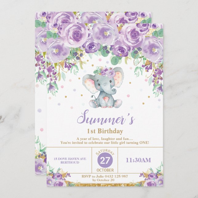 Invitación 1r chica del cumpleaños del elefante floral (Anverso / Reverso)
