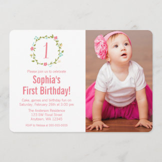 Invitación 1r cumpleaños de la guirnalda del chica floral de