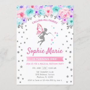 Invitación 1r cumpleaños de la hada - rosa púrpura verde