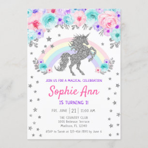 Invitación 1r cumpleaños del unicornio - rosa púrpura verde