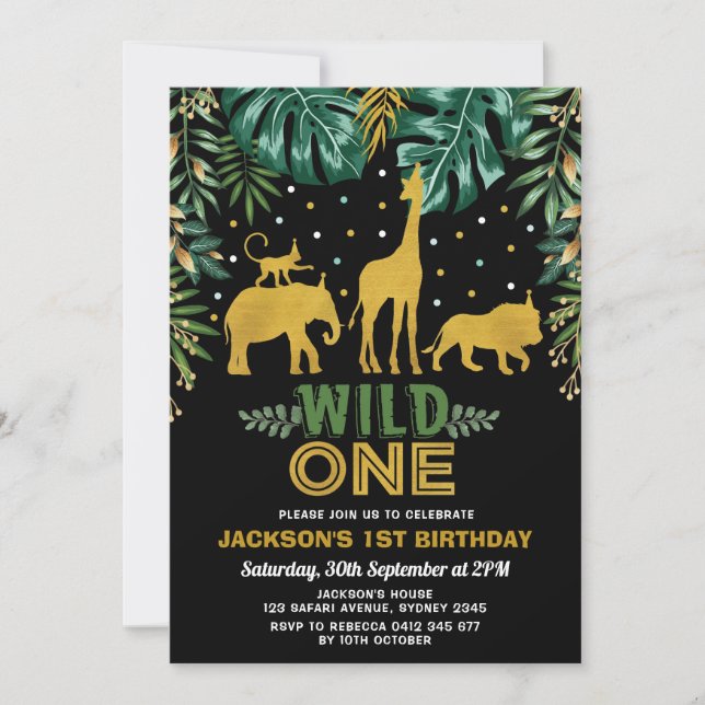 Invitación 1r cumpleaños uno/oro de selva de los animales (Anverso)