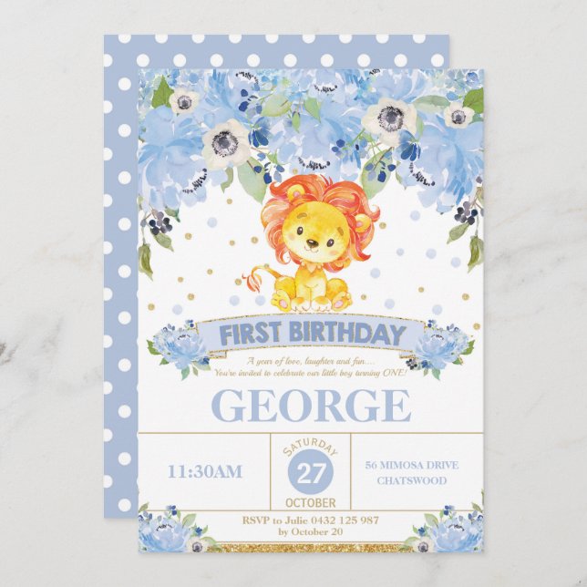 Invitación 1r Floral azul del león del muchacho de la (Anverso / Reverso)