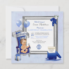Invitación 1r Foto de la plata del azul real de príncipe Boy