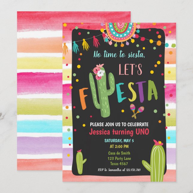 Invitación 1r primer cumpleaños de la fiesta del cactus (Anverso / Reverso)