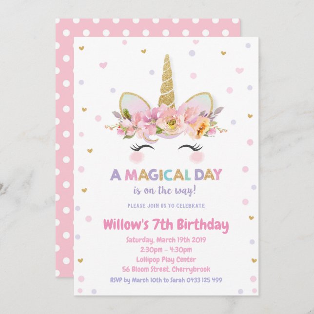 Invitación 1r purpurina del oro de los chicas de la (Anverso / Reverso)