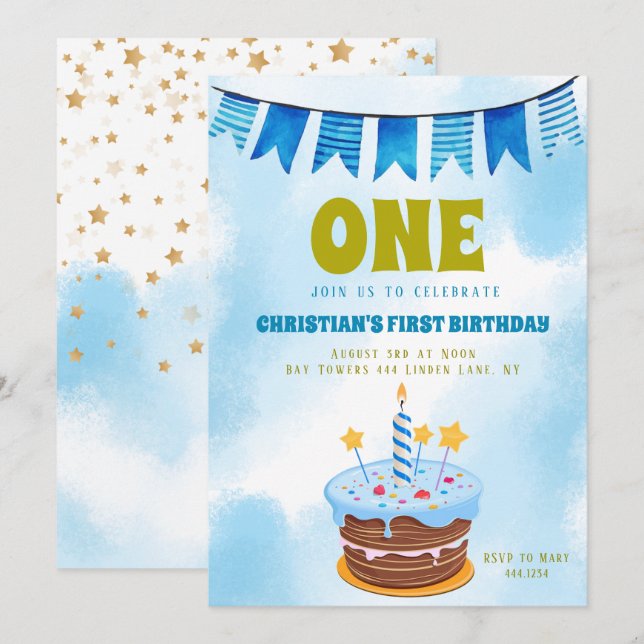 Invitación 1r Torta del muchacho del cumpleaños (Anverso / Reverso)