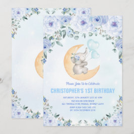 Invitación 1ra fiesta de cumpleaños del elefante floral azul