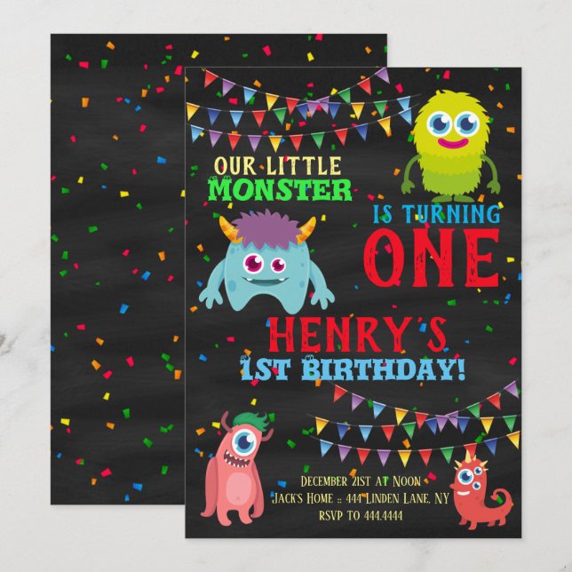 Invitación 1ra fiesta de cumpleaños del monstruo (Anverso / Reverso)