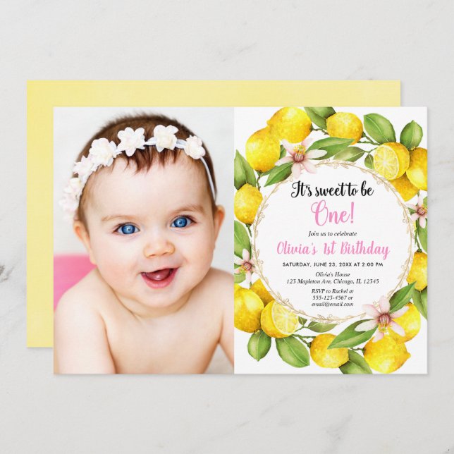Invitación 1ra foto del chica del cumpleaños del limón rosado (Anverso / Reverso)