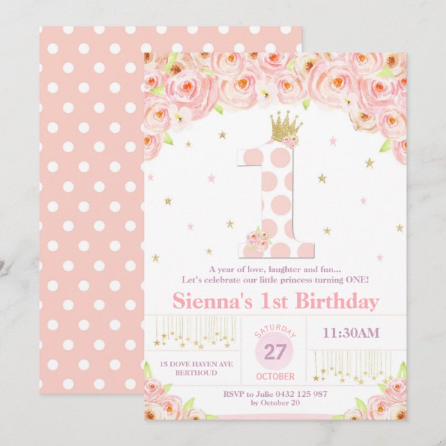 Invitación 1ra princesa floral coralina Invitation Girl del (Anverso / Reverso)
