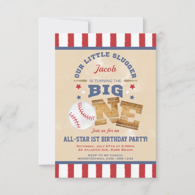 Invitación 1ras estrellas y rayas del cumpleaños del béisbol (Anverso)