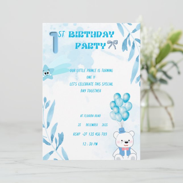 Invitación 1st baby boy birthday invitation  (Anverso de pie)