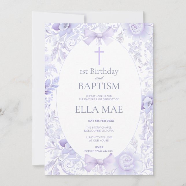 Invitación 1st Birthday and Baptism for Girl Lilac Floral (Anverso)