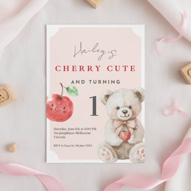 Invitación 1st Birthday Invitation Cherry Cute Teddy Theme (Cherry cute teddy 1st birthday invitation with fruit theme and pink watercolor accents)