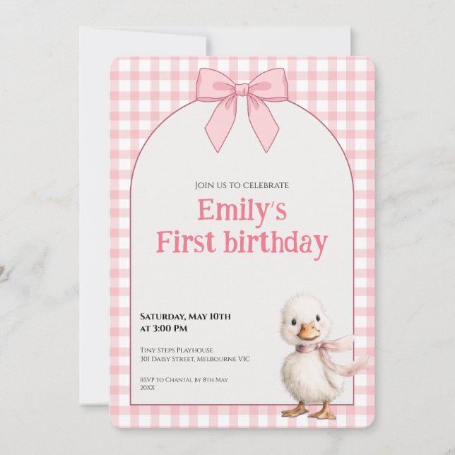 Invitación 1st Birthday Invitation Gingham Duck Theme Kaart (Anverso)