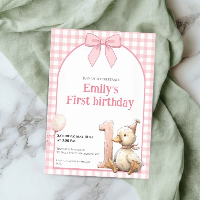 Invitación 1st Birthday Invitation Gingham Duck Theme Kaart (Subido por el creador)