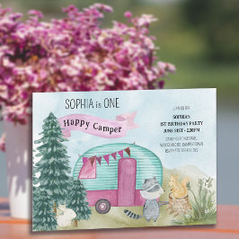 Invitación 1st Birthday One Happy Camper Woodland Caravan