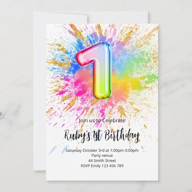 Invitación 1st Birthday Rainbow Paint Splash Invitation (Anverso)