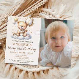 Invitación 1st Birthday Teddy Bear with Brown Balloons