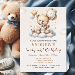 Invitación 1st Birthday Teddy Bear with Brown Balloons