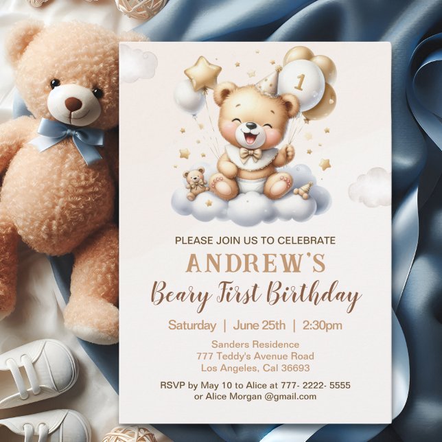 Invitación 1st Birthday Teddy Bear with Brown Balloons (Subido por el creador)