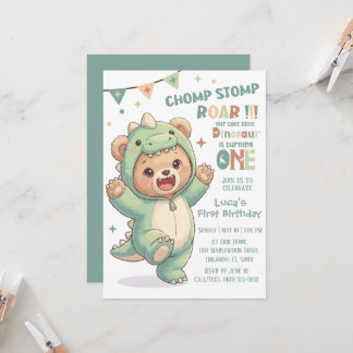 Invitación 1st Dino Birthday Party | Cute Teddy Bear Dinosaur