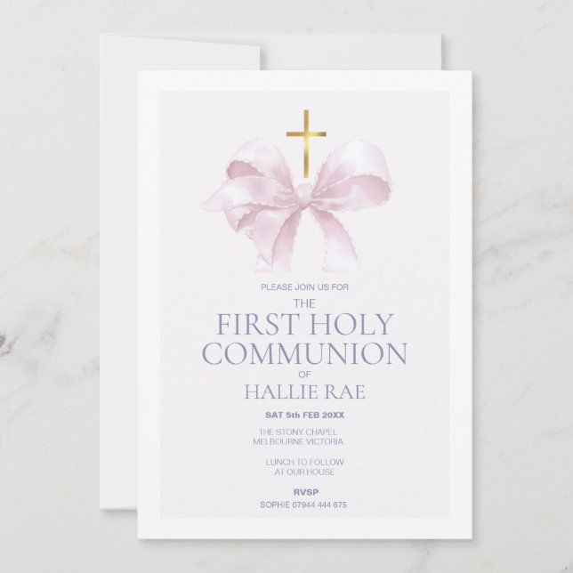 Invitación 1st Holy Communion Invitation, Modern Pink Bow (Anverso)