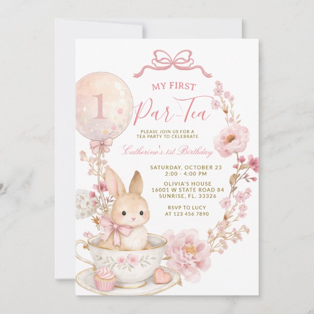 Invitación 1st Par-Tea Bunny First Birthday Party Girl  (Anverso)