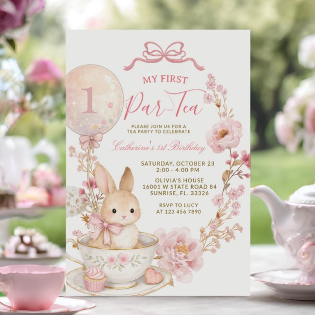 Invitación 1st Par-Tea Bunny First Birthday Party Girl  (Subido por el creador)